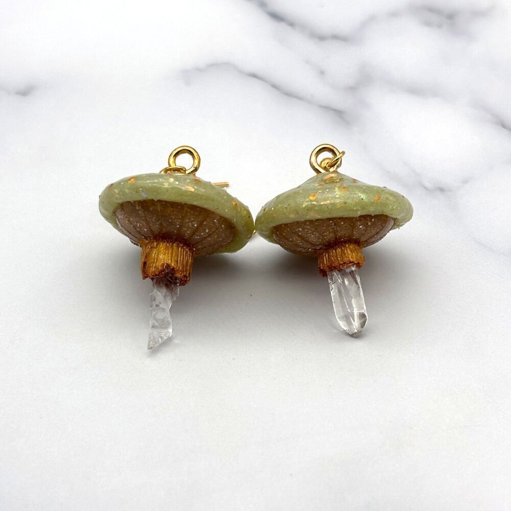 Green Mushroom Quartz Crystal Earrings | Polymer Clay Dangle with Moon and Star - Picture 4 of 10